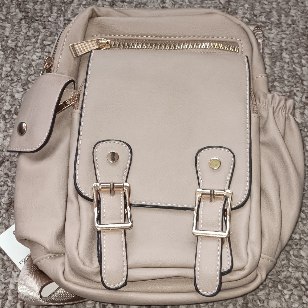 New Elegant Tan Backpack with Gold Accents